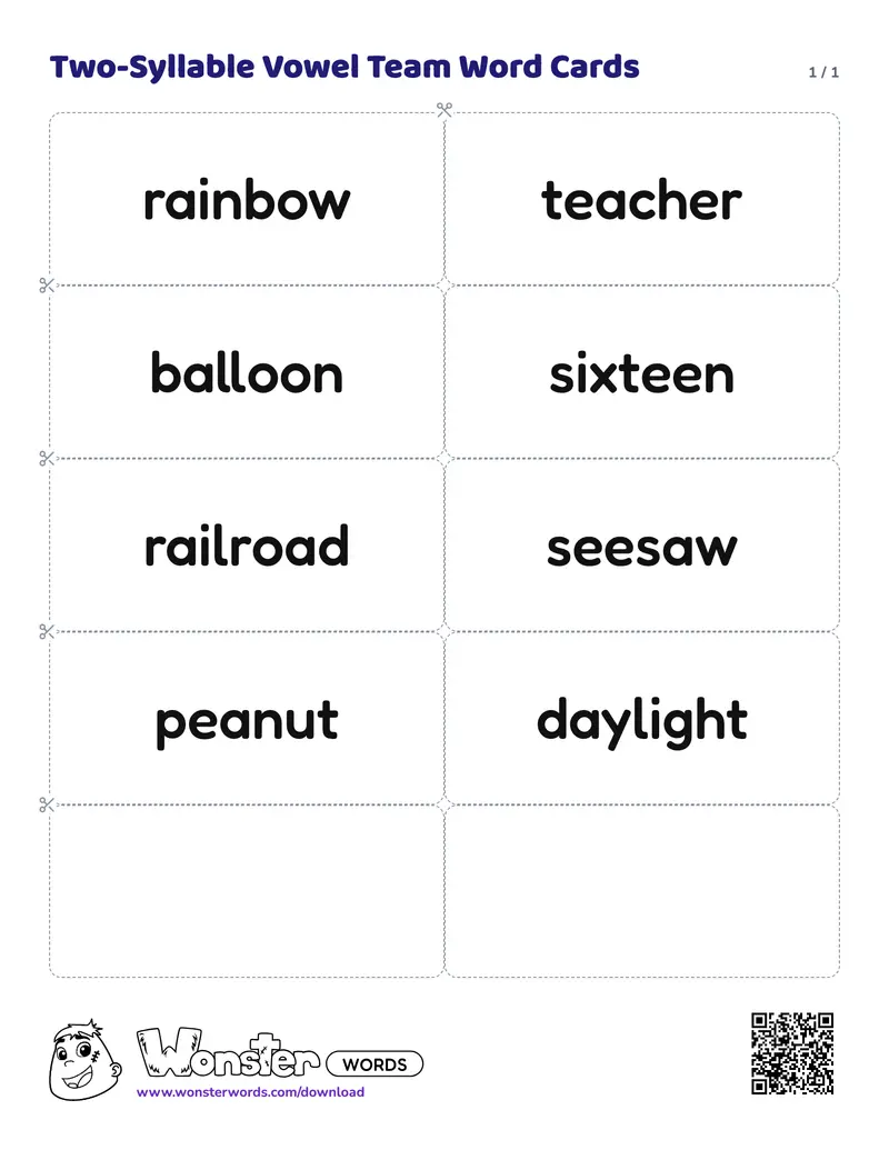 The Two-Syllable Vowel Team Word Cards worksheet: 8 cards
