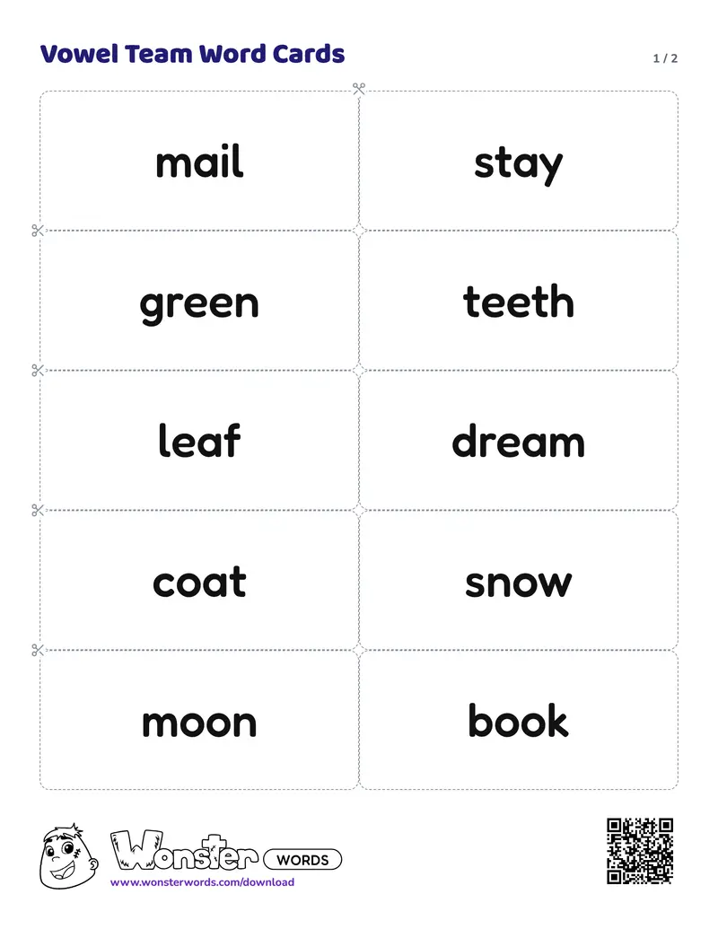 Page 1 of the Vowel Team Word Cards worksheet (2 pages): 12 cards