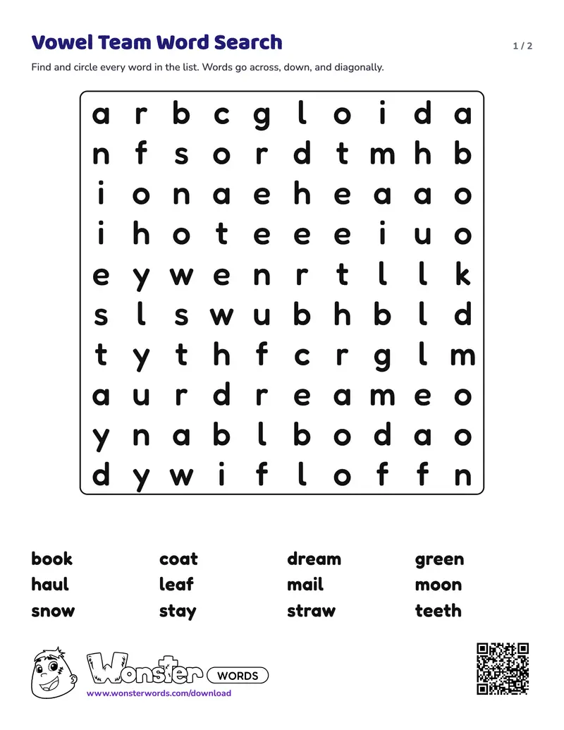 Page 1 of the Vowel Team Word Search worksheet (2 pages): 12 words, answer key included