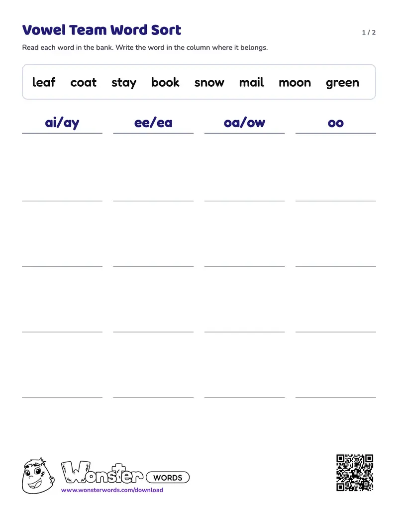 Page 1 of the Vowel Team Word Sort worksheet (2 pages): 8 words, answer key included