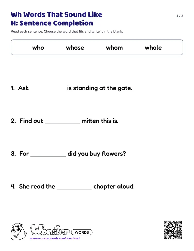 Page 1 of the Wh Words That Sound Like H: Sentence Completion worksheet (2 pages): 4 sentences, answer key included