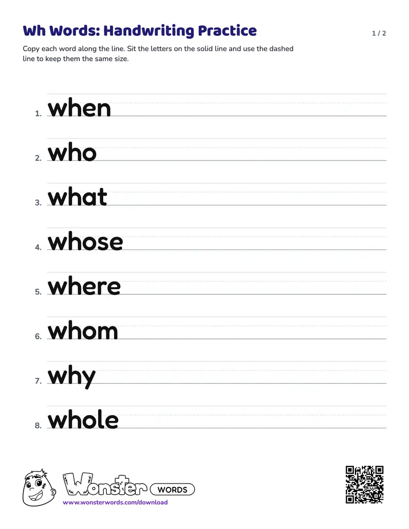 Page 1 of the Wh Words: Handwriting Practice worksheet (2 pages): 16 words