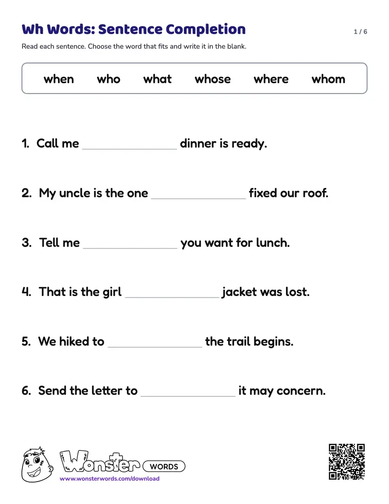 Page 1 of the Wh Words: Sentence Completion worksheet (6 pages): 16 sentences, answer key included