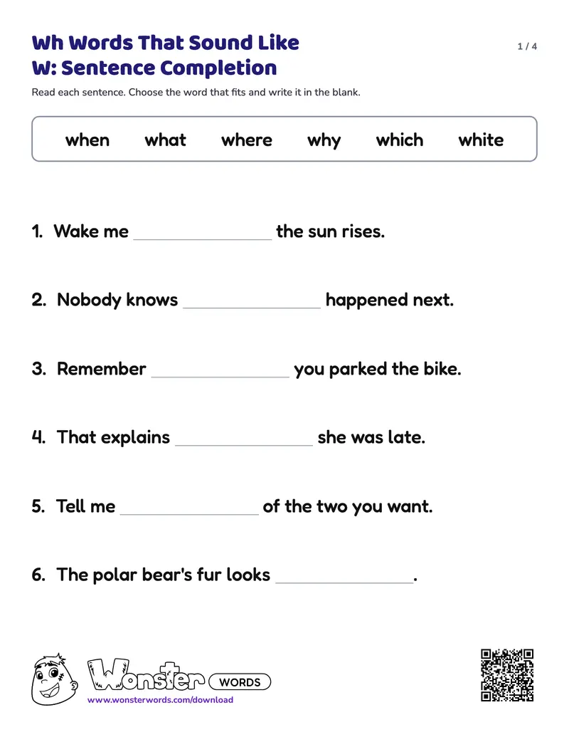 Page 1 of the Wh Words That Sound Like W: Sentence Completion worksheet (4 pages): 12 sentences, answer key included