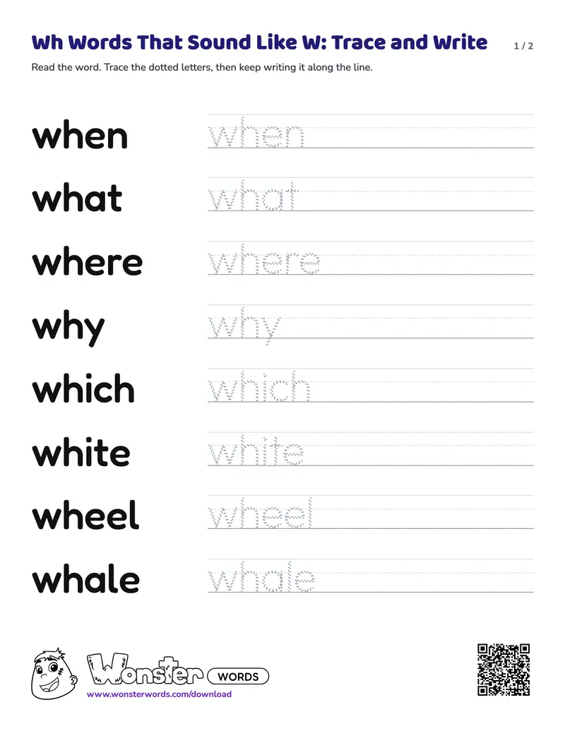 Page 1 of the Wh Words That Sound Like W: Trace and Write worksheet (2 pages): 11 words