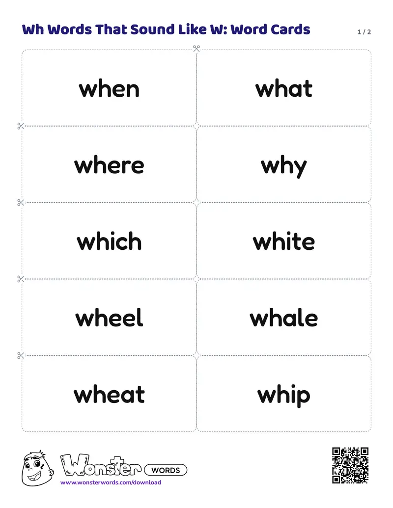 Page 1 of the Wh Words That Sound Like W: Word Cards worksheet (2 pages): 12 cards