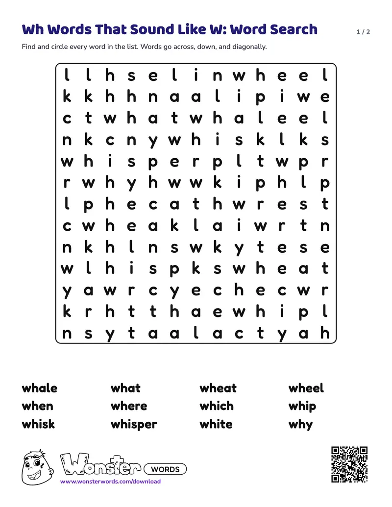 Page 1 of the Wh Words That Sound Like W: Word Search worksheet (2 pages): 12 words, answer key included