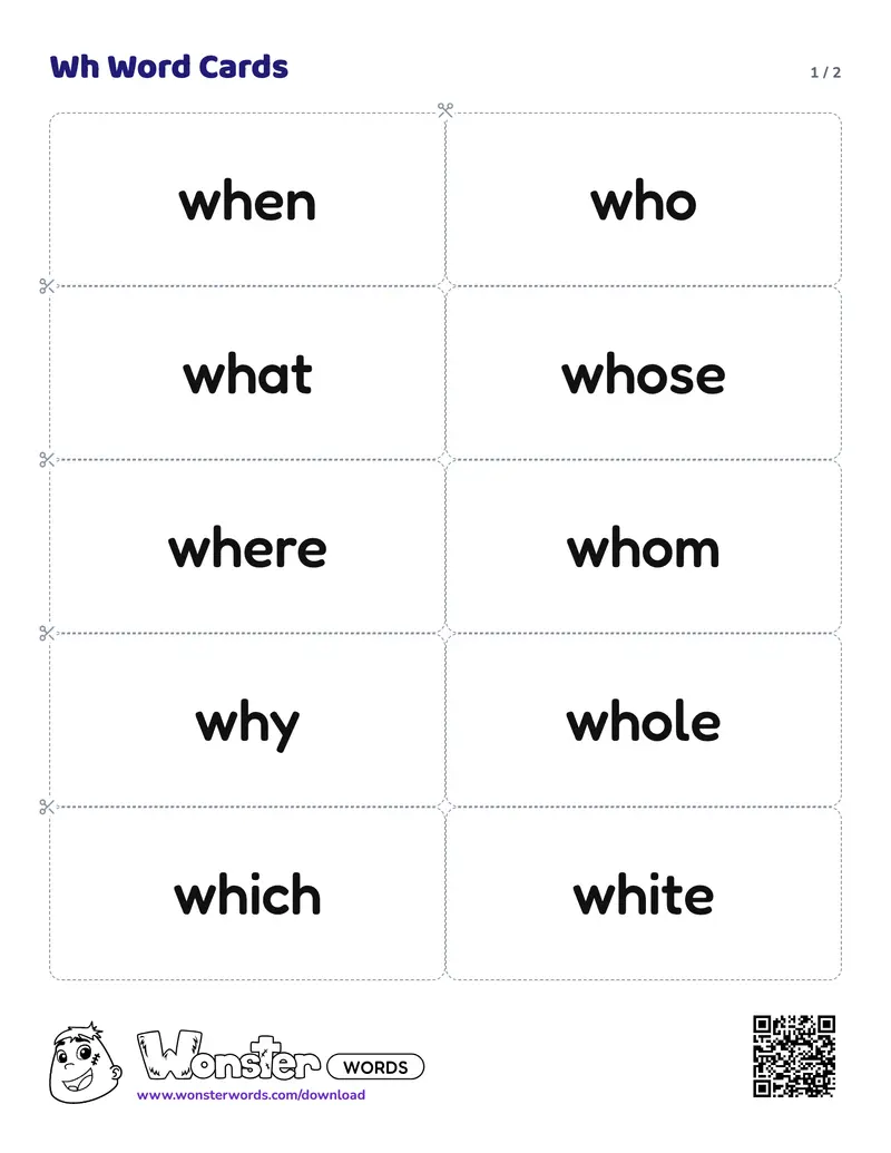 Page 1 of the Wh Word Cards worksheet (2 pages): 16 cards