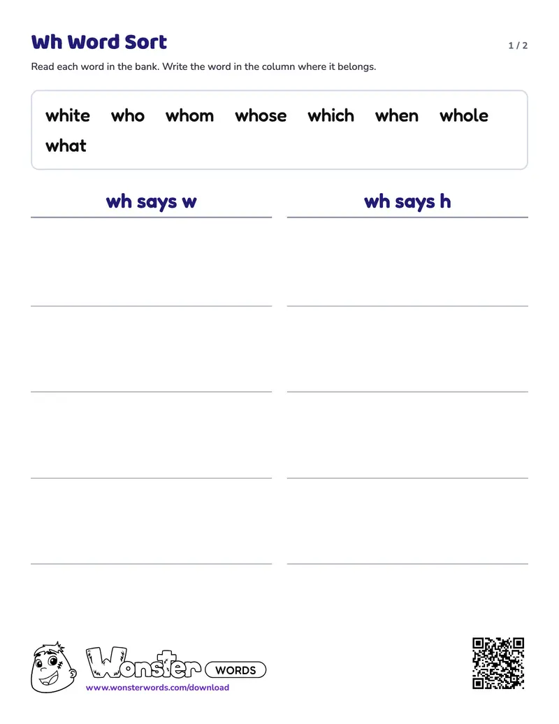 Page 1 of the Wh Word Sort worksheet (2 pages): 8 words, answer key included